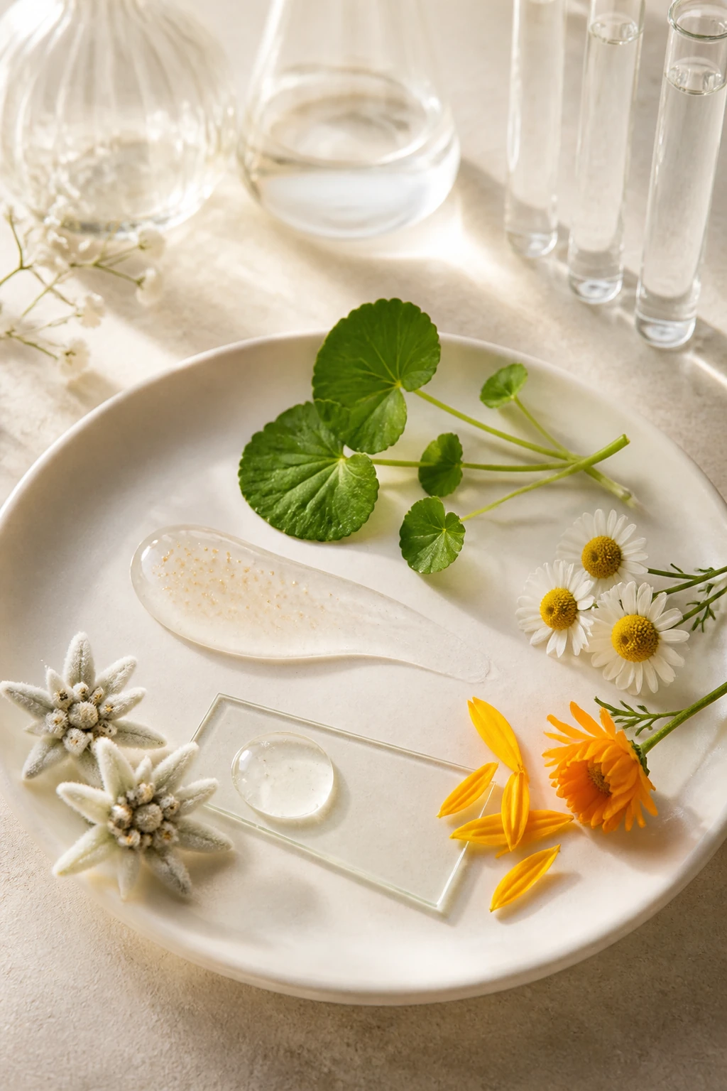 Centella leaves, chamomile, calendula and serum swatches with laboratory glassware