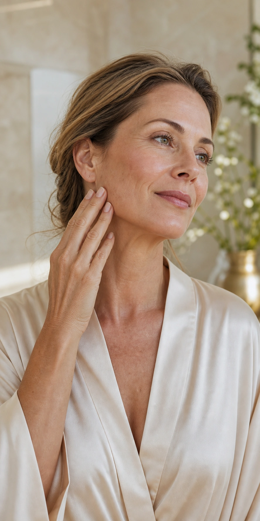 Woman applying skincare to her cheek and neck